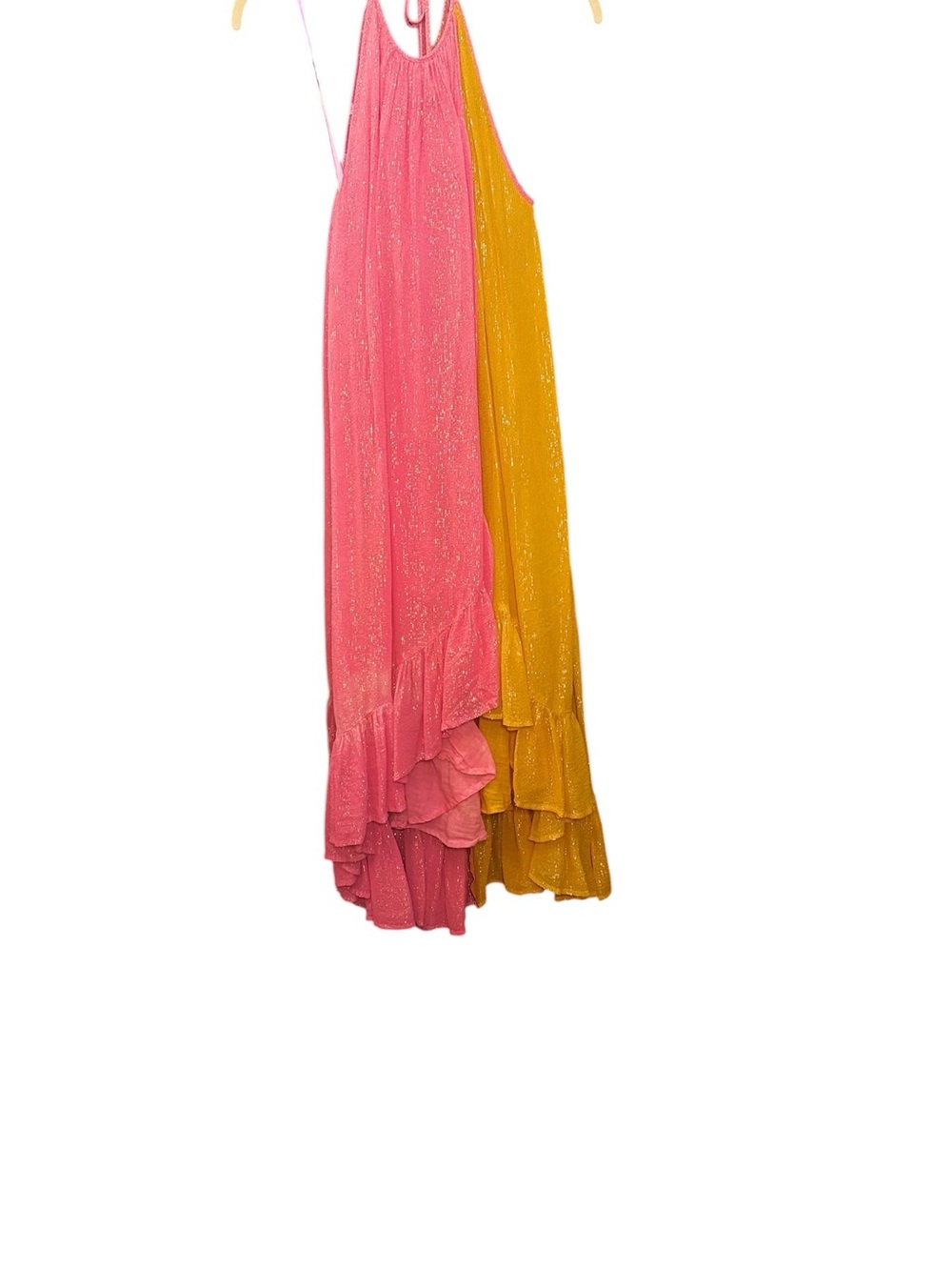 Sundress Feminine Pink Yellow Gold Metallic Detail Halter Ruffle Dress sz XS S